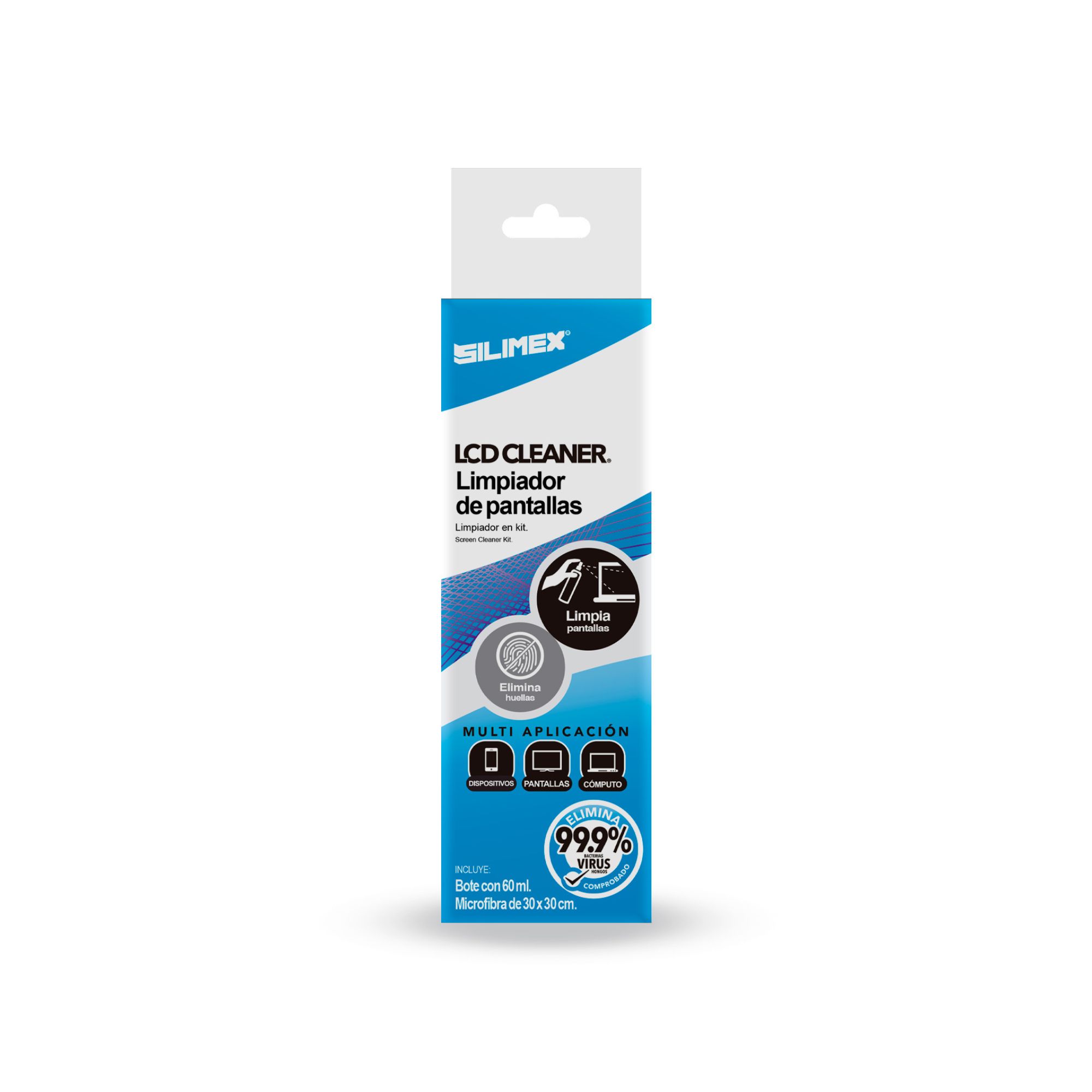 Kit para Limpieza de Pantallas, Silimex LCD Cleaner de 60 ML con Microfibra, caja con 12 piezas.